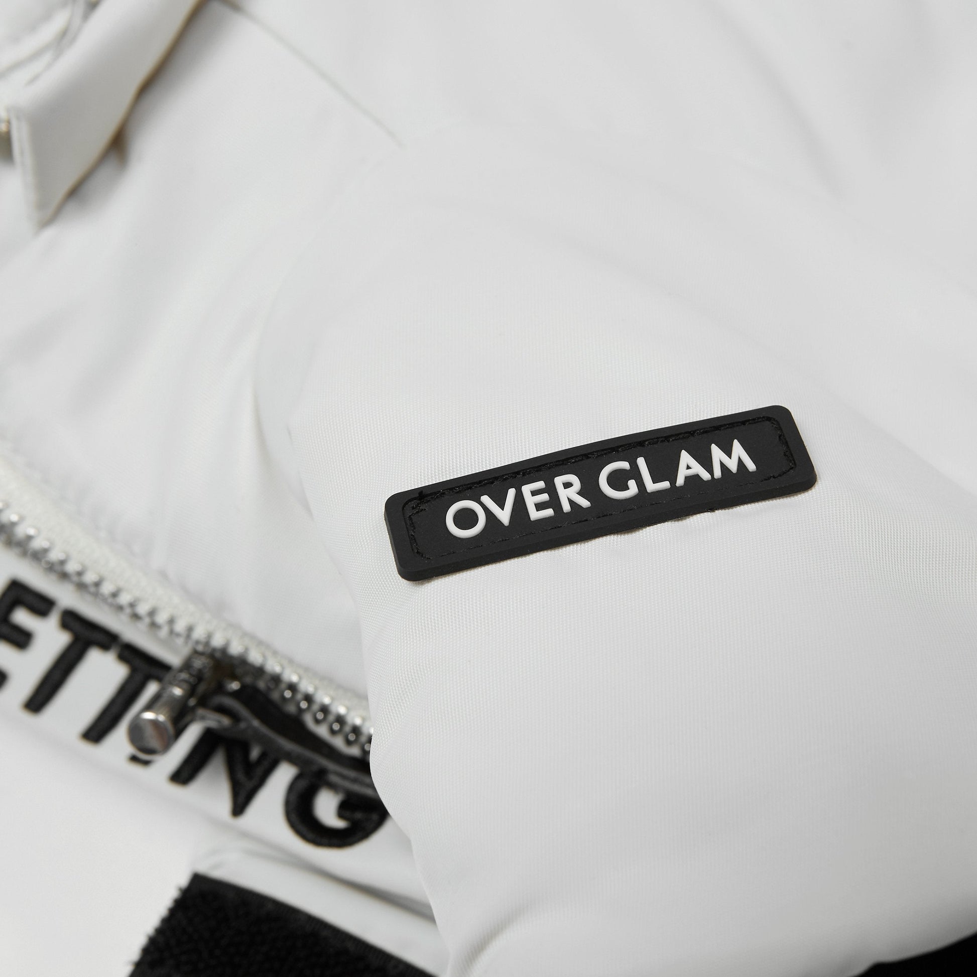 White Zip Up Puffer Ski Jacket with Embroidered Slogan