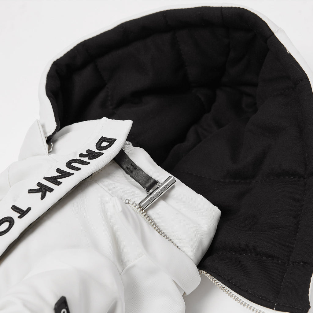 White Zip Up Puffer Ski Jacket with Embroidered Slogan