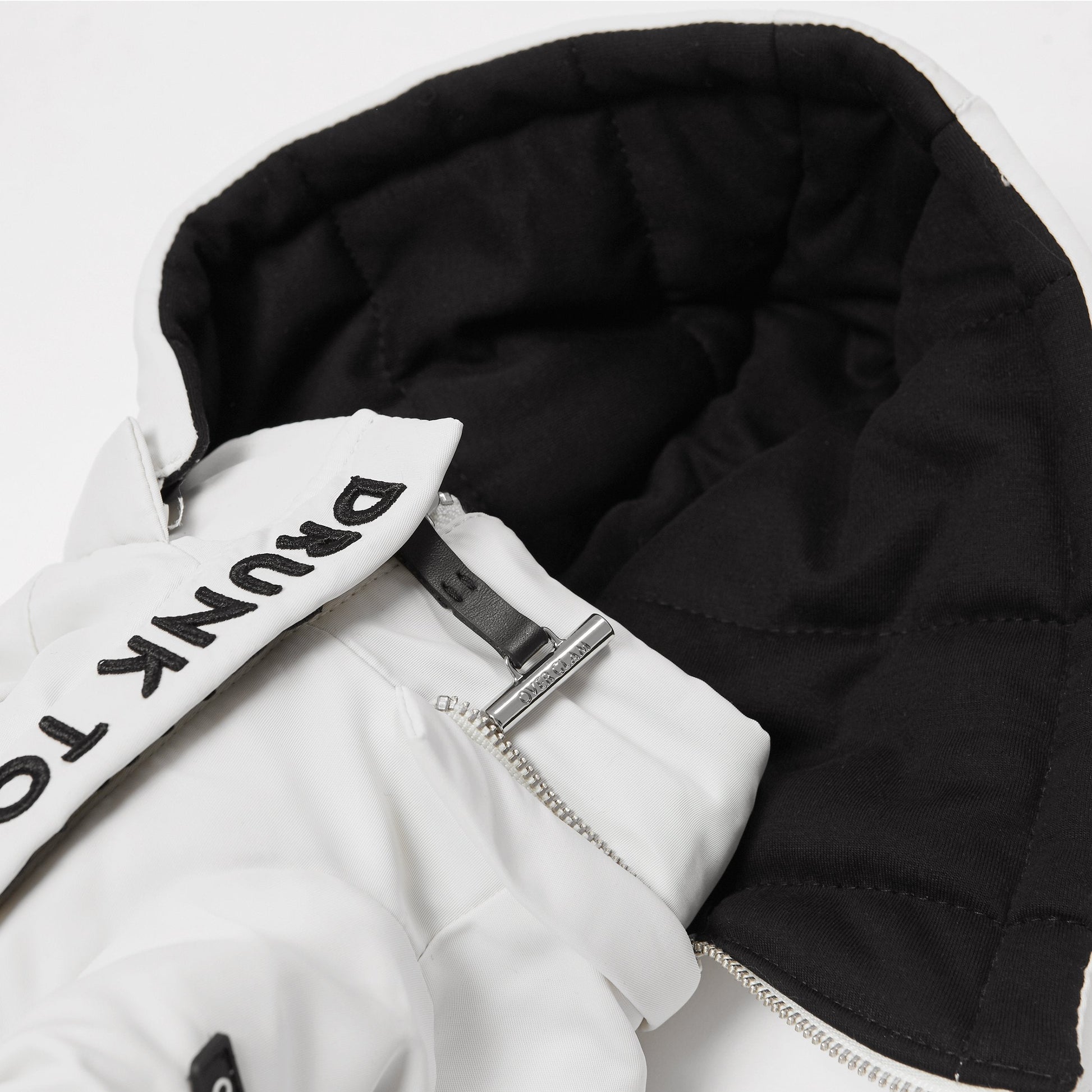 White Zip Up Puffer Ski Jacket with Embroidered Slogan