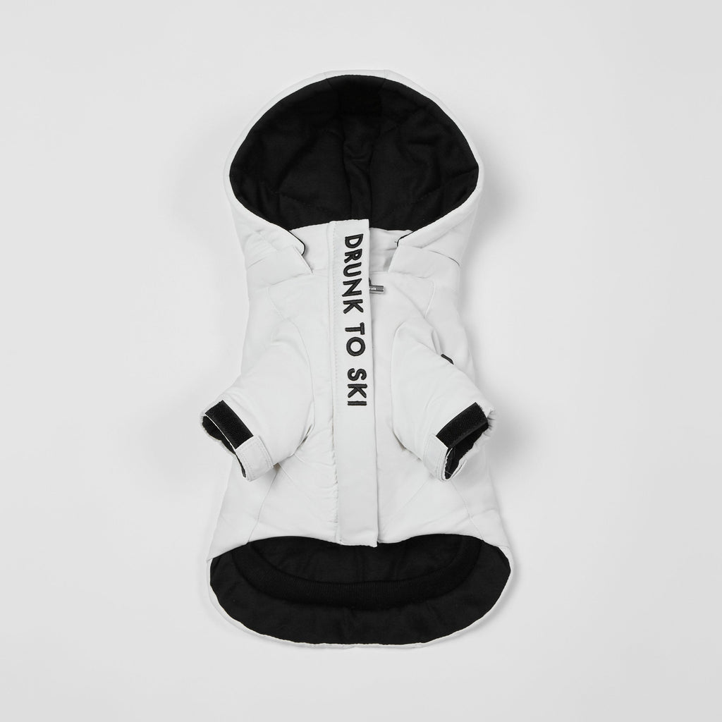 White Zip Up Puffer Ski Jacket with Embroidered Slogan