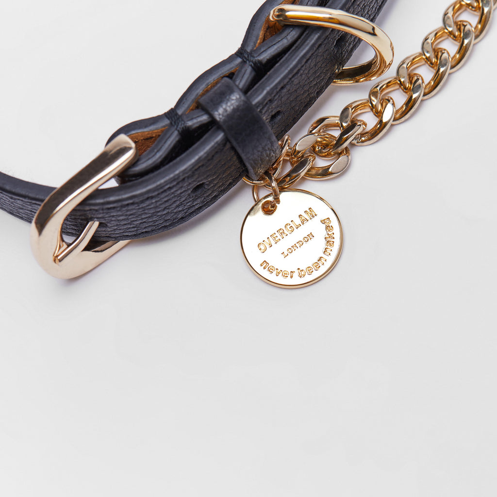 Black Leather Collar with Gold Chain