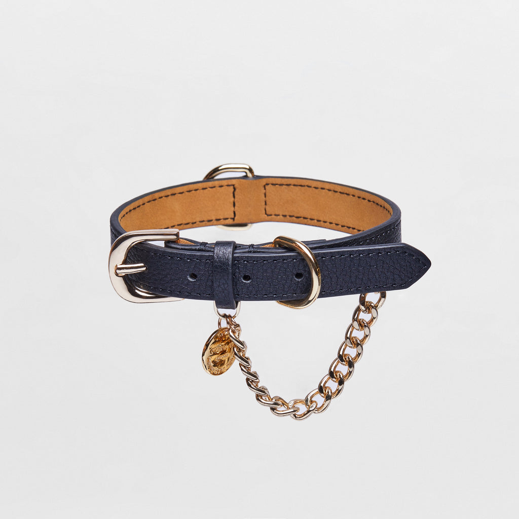 Black Leather Collar with Gold Chain