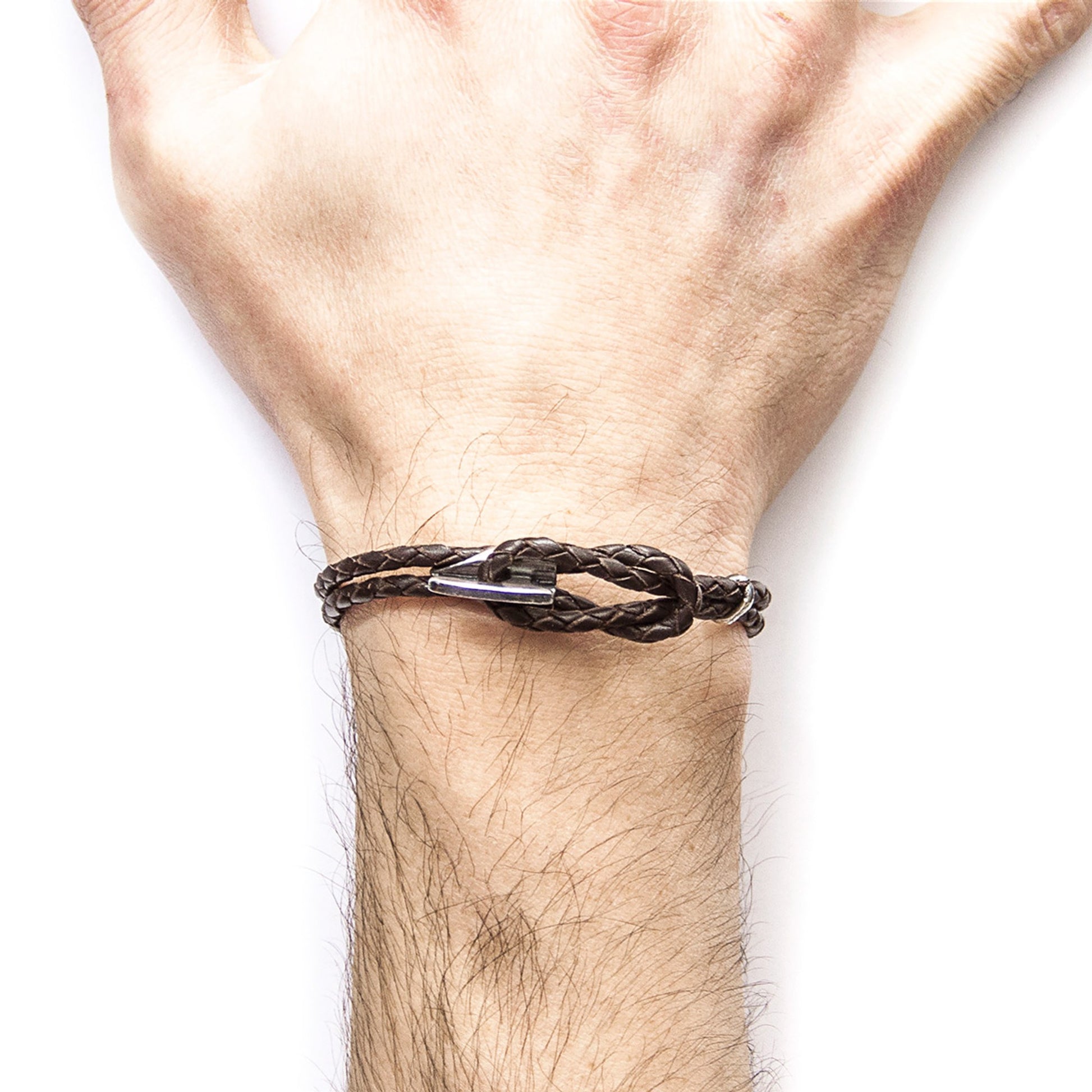 Embrace Elegance with the Dark Brown Padstow Silver and Braided Leather Bracelet by ANCHOR & CREW at www.brixbailey.com