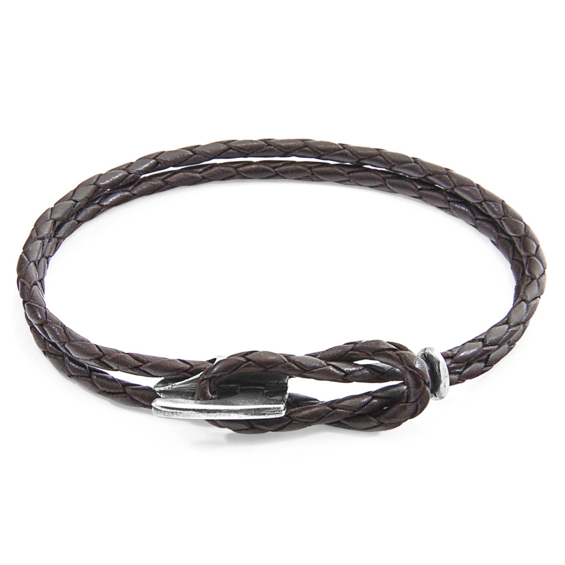 Embrace Elegance with the Dark Brown Padstow Silver and Braided Leather Bracelet by ANCHOR & CREW at www.brixbailey.com