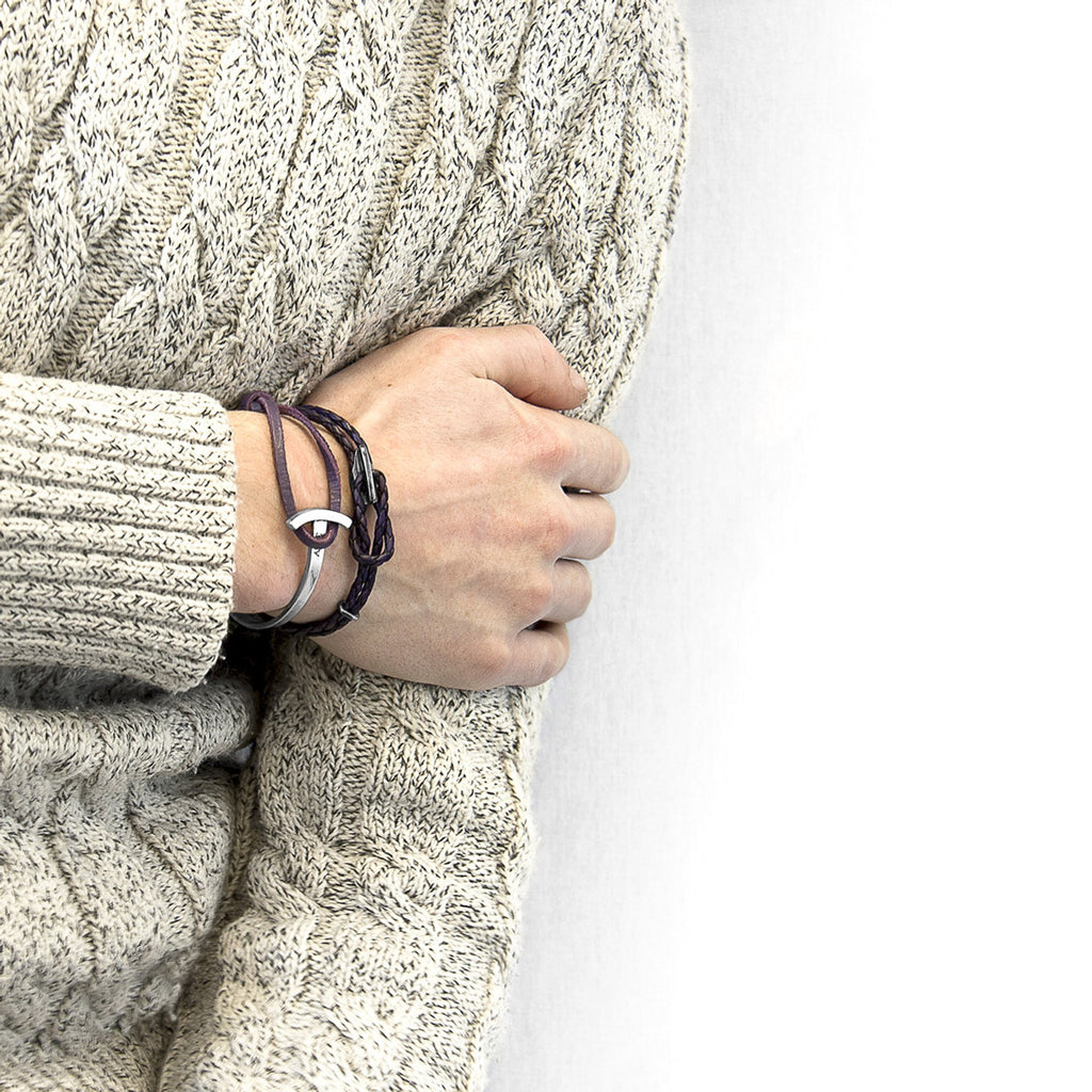 Embrace Elegance with the Grape Purple Padstow Silver and Braided Leather Bracelet by ANCHOR & CREW at www.brixbailey.com