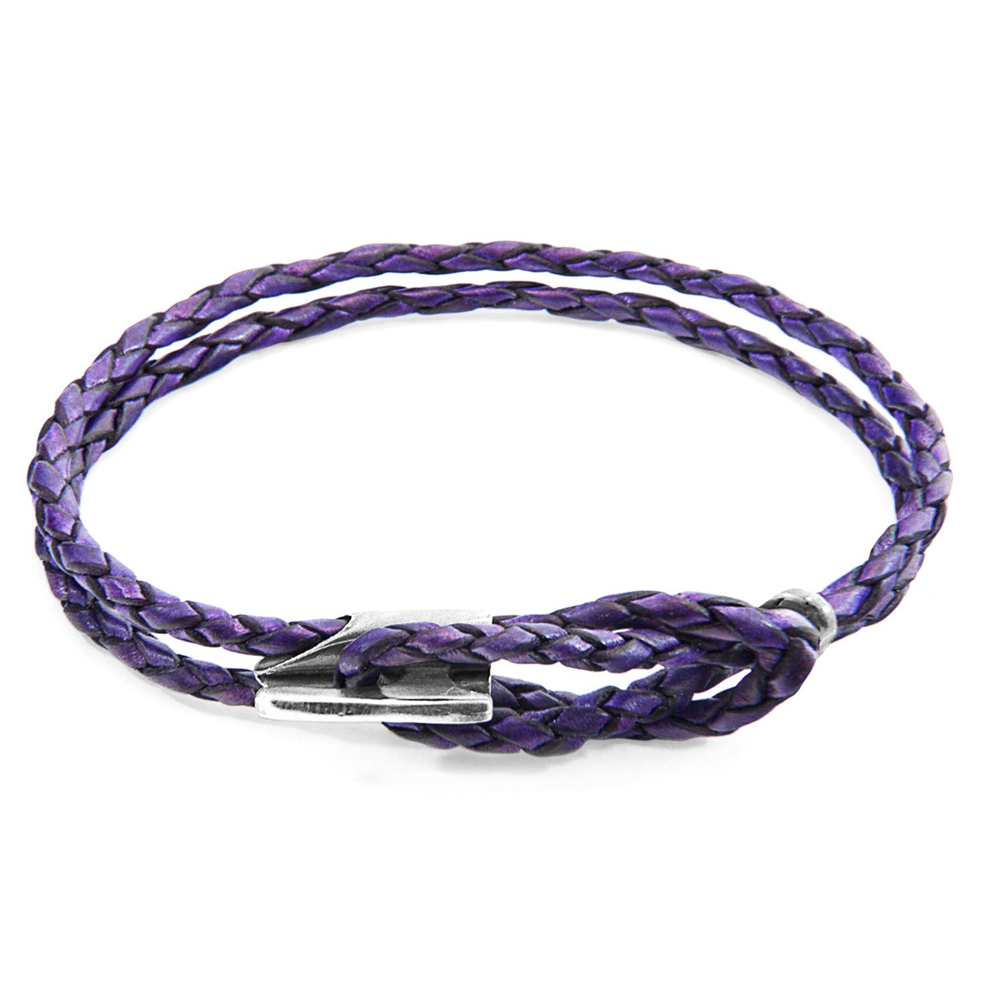 Embrace Elegance with the Grape Purple Padstow Silver and Braided Leather Bracelet by ANCHOR & CREW at www.brixbailey.com