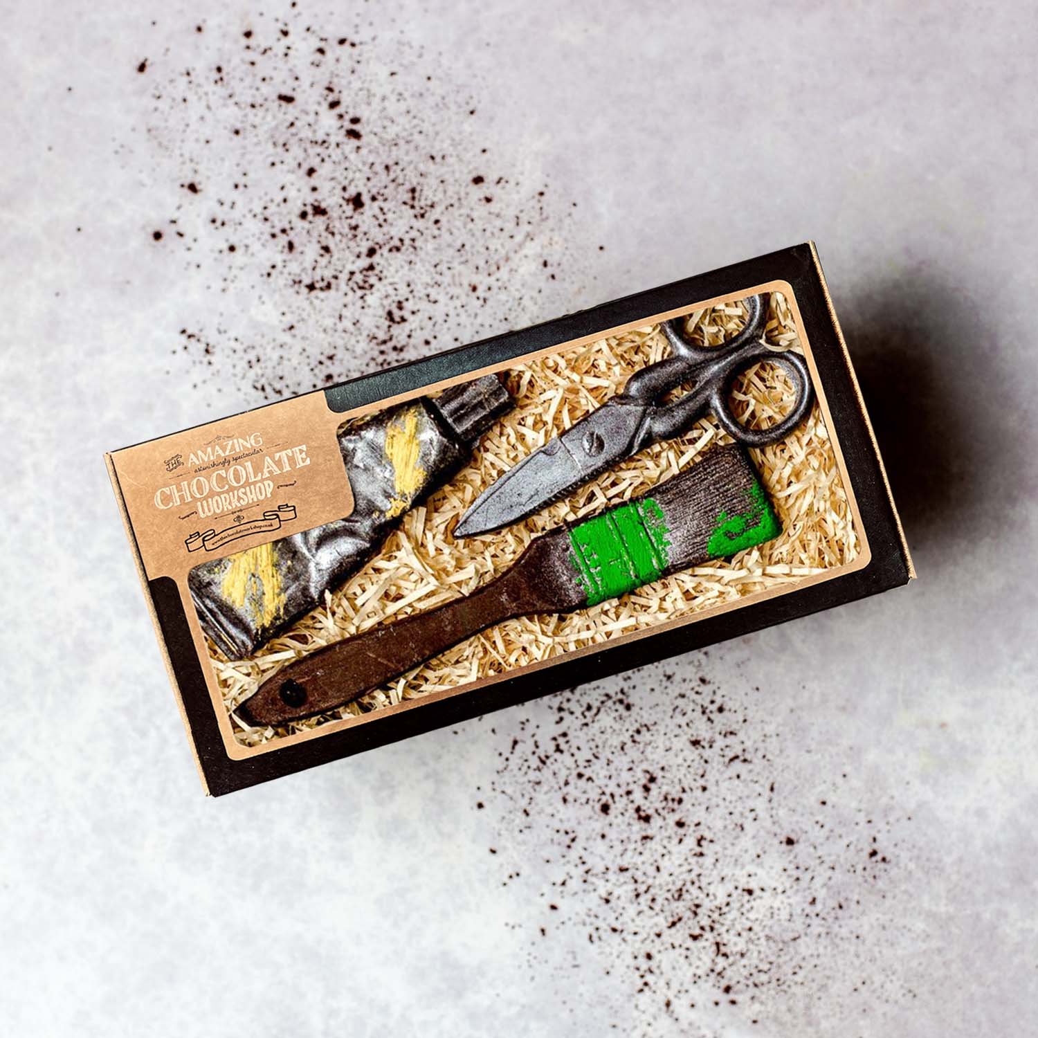 Artists Chocolate Gift Set Paint Brush Paint Tube and Scissors Box