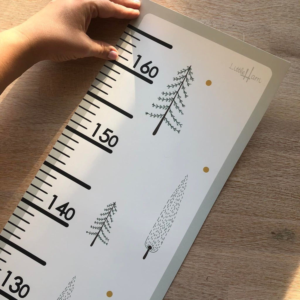 soft morning light on a minimalist fir tree growth chart mounted on a nursery wall
