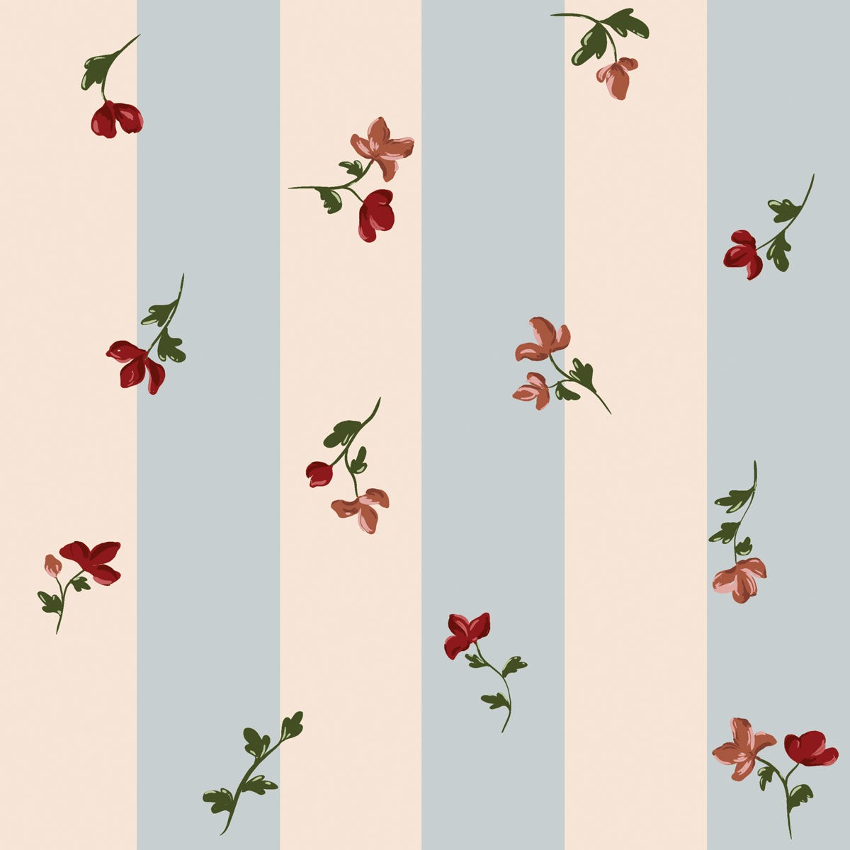 bold close-up of paris flowers wallpaper with dark red blooms on light blue stripes
