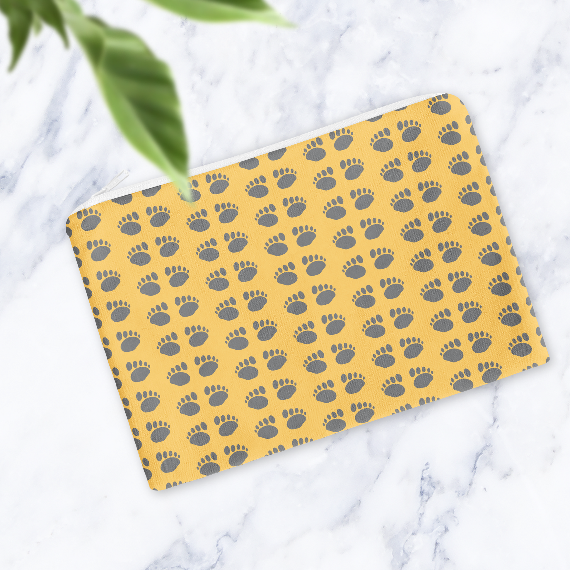 Yellow Paw Print Makeup Bag - Handmade Cosmetic Pouch with Water Resistant Lining - Dog Lover Gift - Travel Beauty Bag