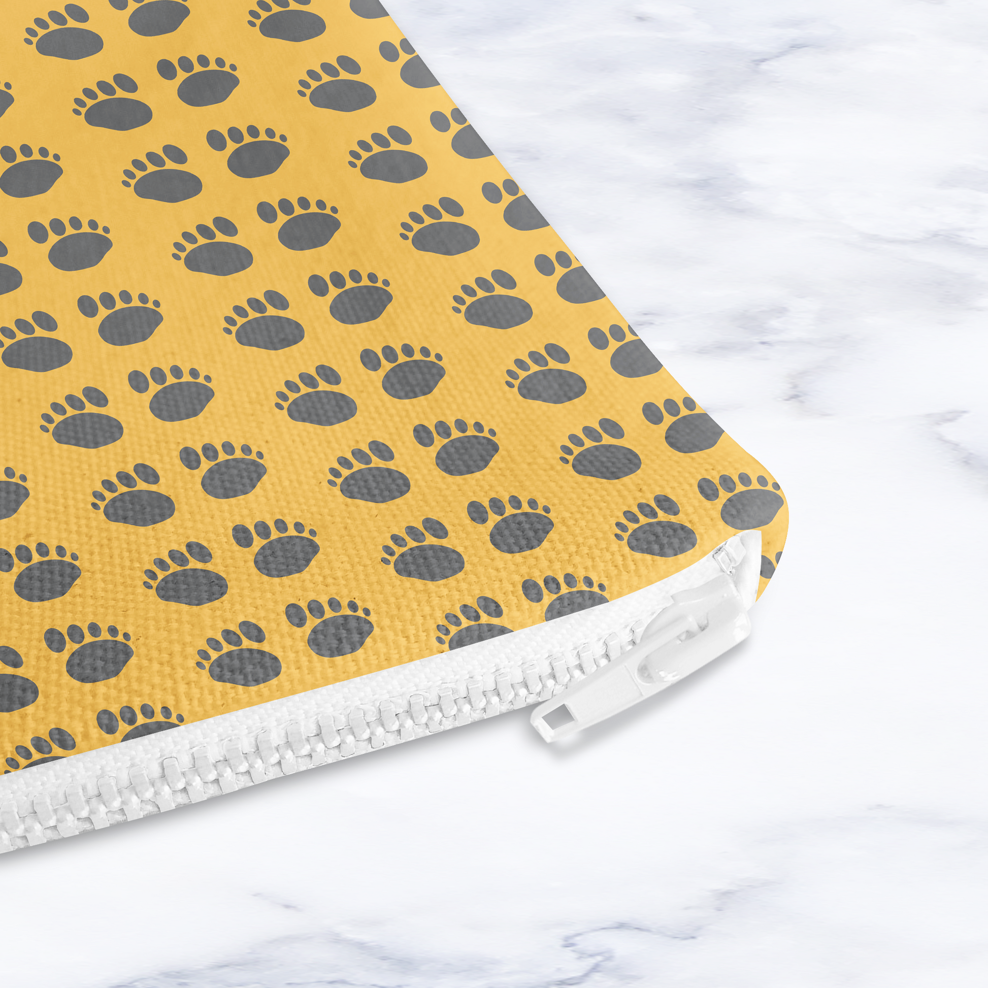 Yellow Paw Print Makeup Bag - Handmade Cosmetic Pouch with Water Resistant Lining - Dog Lover Gift - Travel Beauty Bag