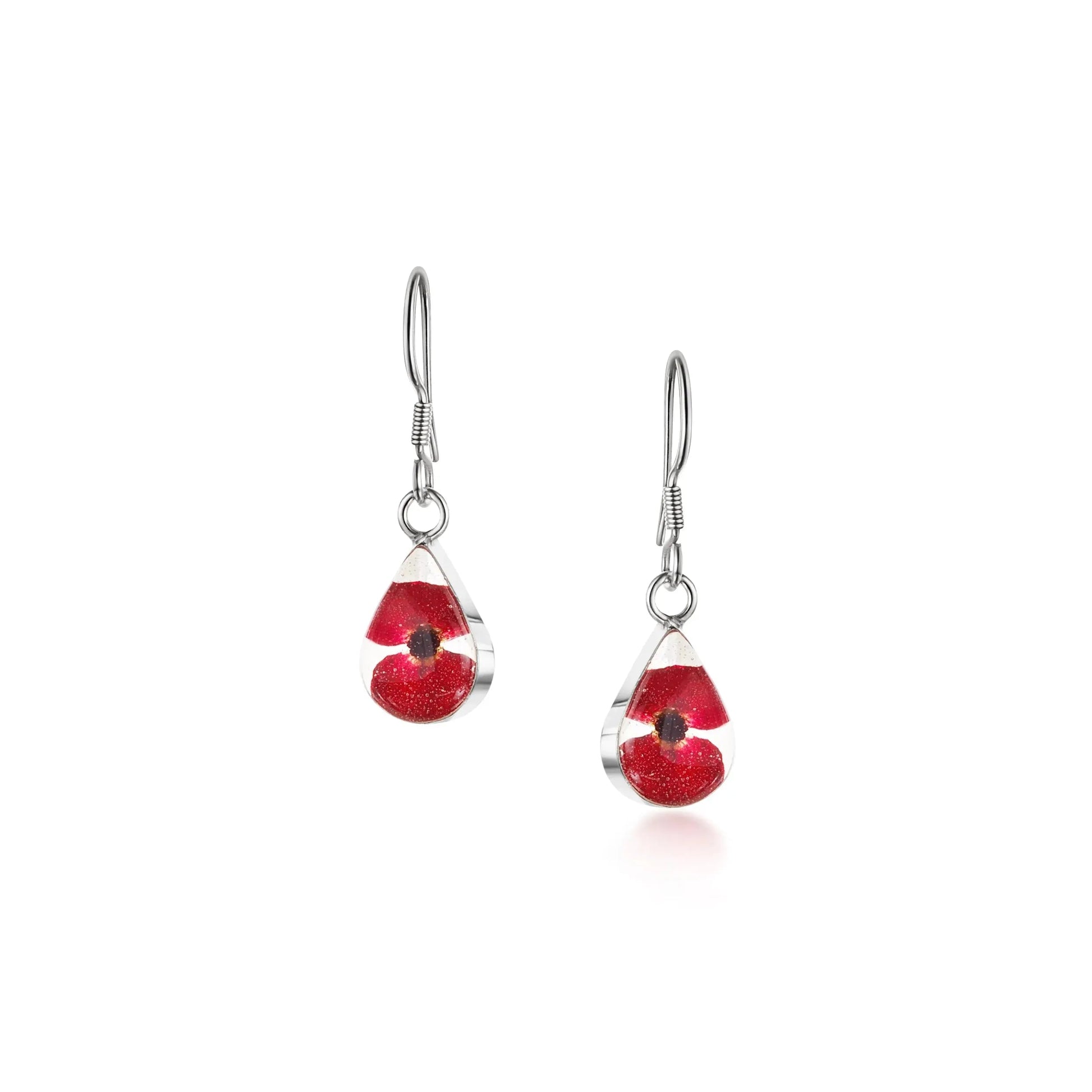 Poppy Teardrop Earrings Sterling Silver with Real Flowers