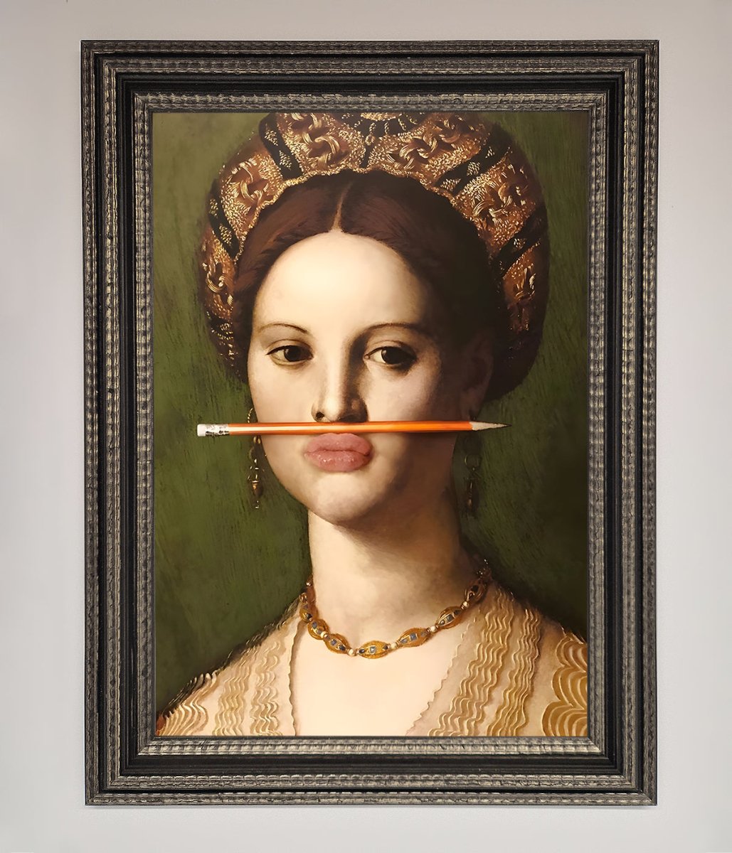 Pencil on Lips Renaissance Framed Print