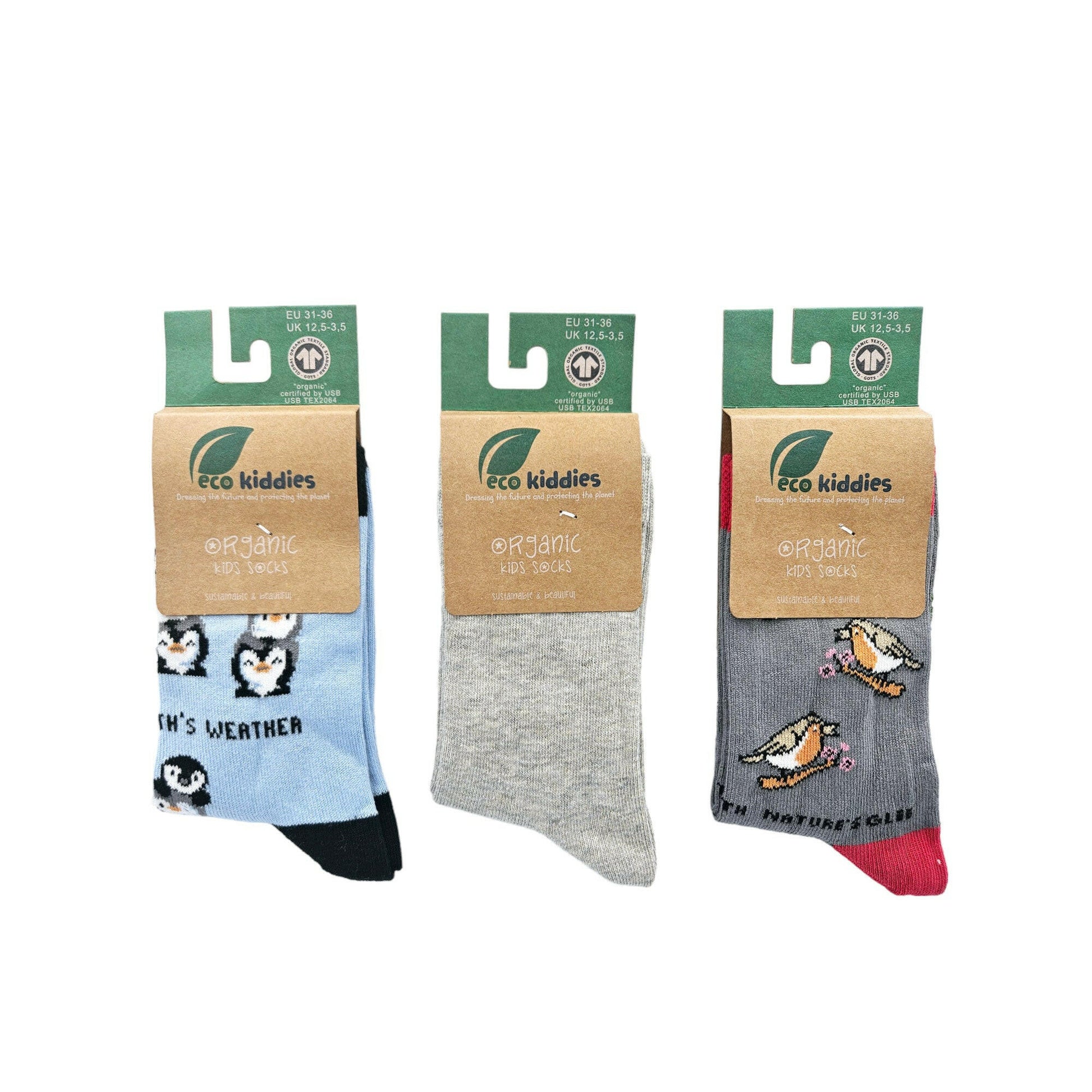 Organic Cotton Kids Socks Bundle with Penguins, Robins and School Socks