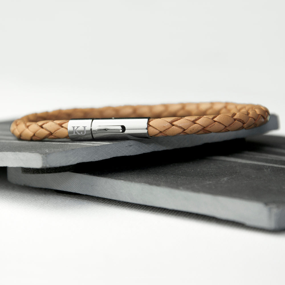 Personalised Tan Woven Leather Bracelet for Men