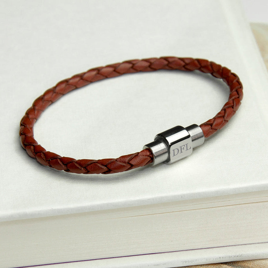 Personalised Burnt Sienna Woven Leather Bracelet for Men