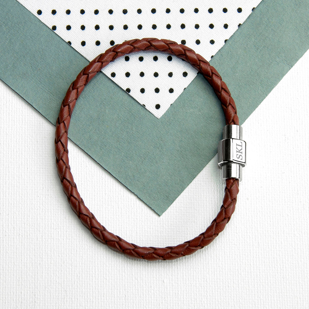Personalised Burnt Sienna Woven Leather Bracelet for Men