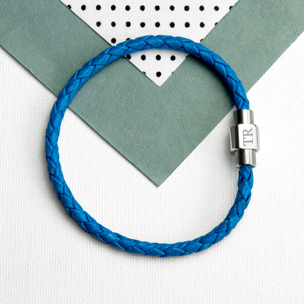 Personalised Mens Woven Leather Bracelet in Cobalt Blue
