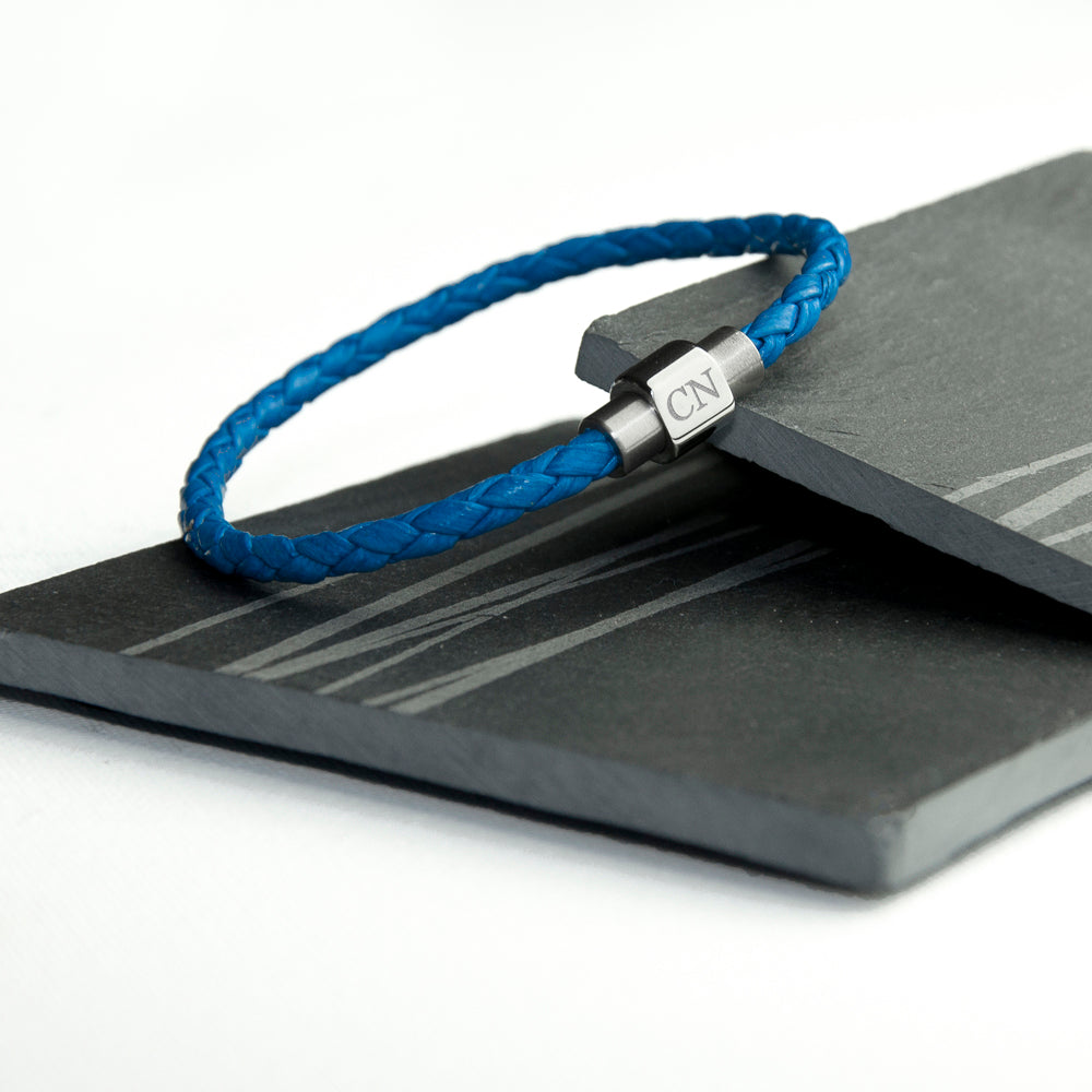 Personalised Mens Woven Leather Bracelet in Cobalt Blue