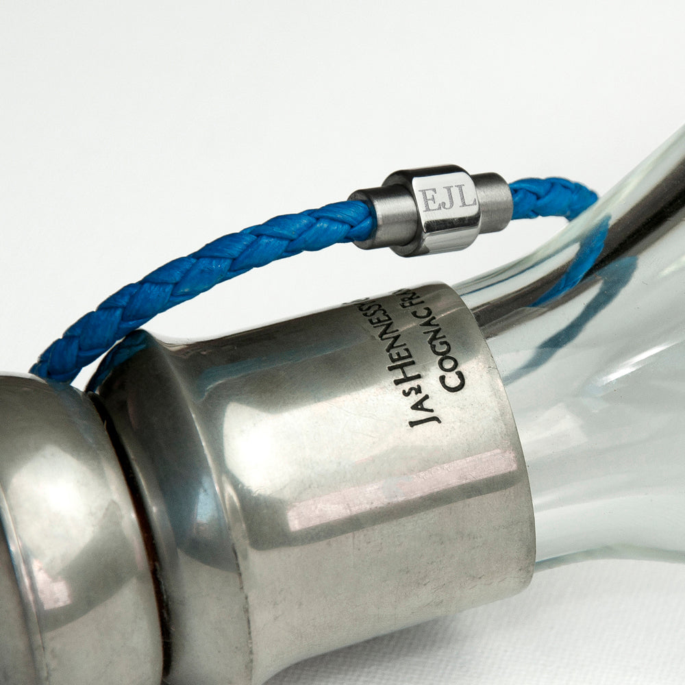 Personalised Mens Woven Leather Bracelet in Cobalt Blue