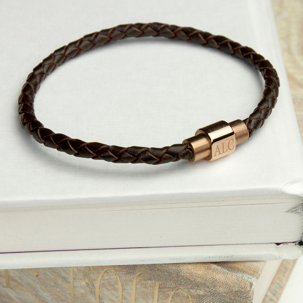 Personalised Mens Woven Leather Bracelet with Rose Gold Clasp