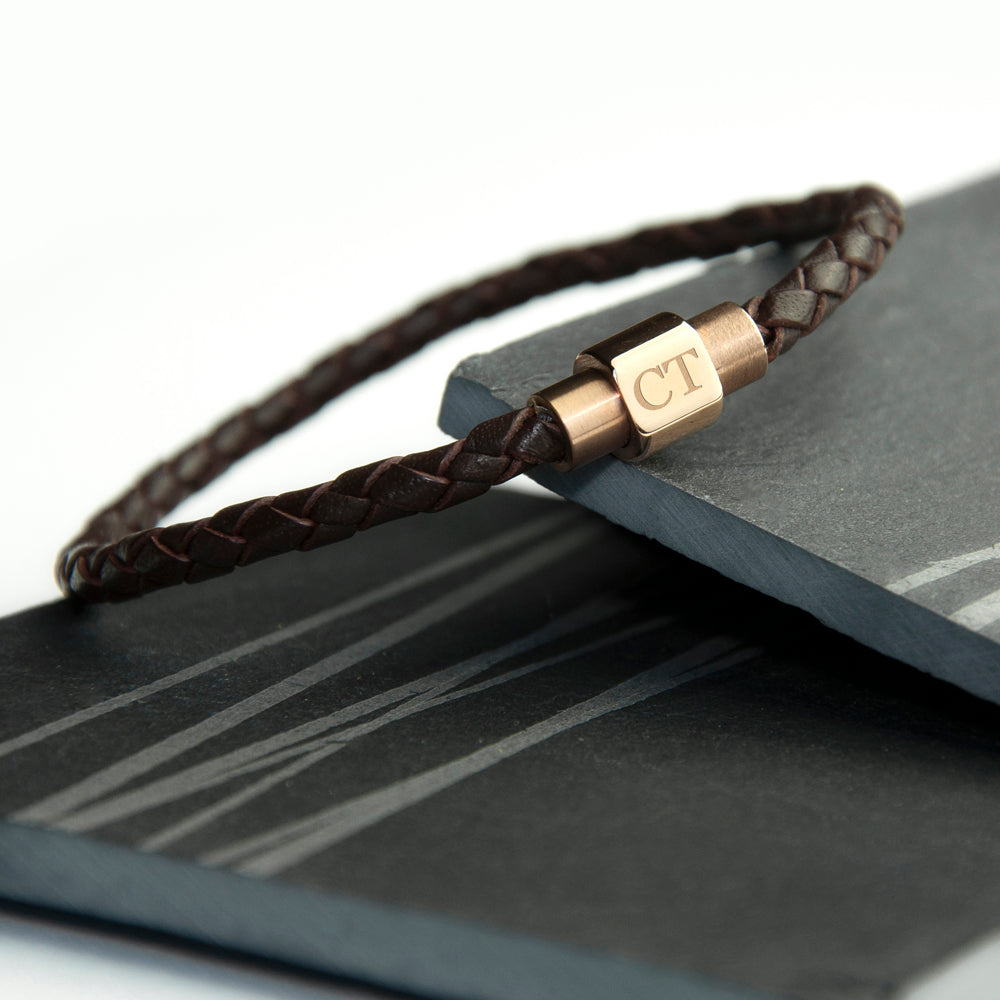 Personalised Mens Woven Leather Bracelet with Rose Gold Clasp