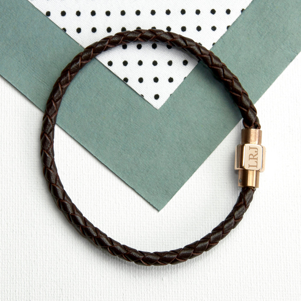Personalised Mens Woven Leather Bracelet with Rose Gold Clasp