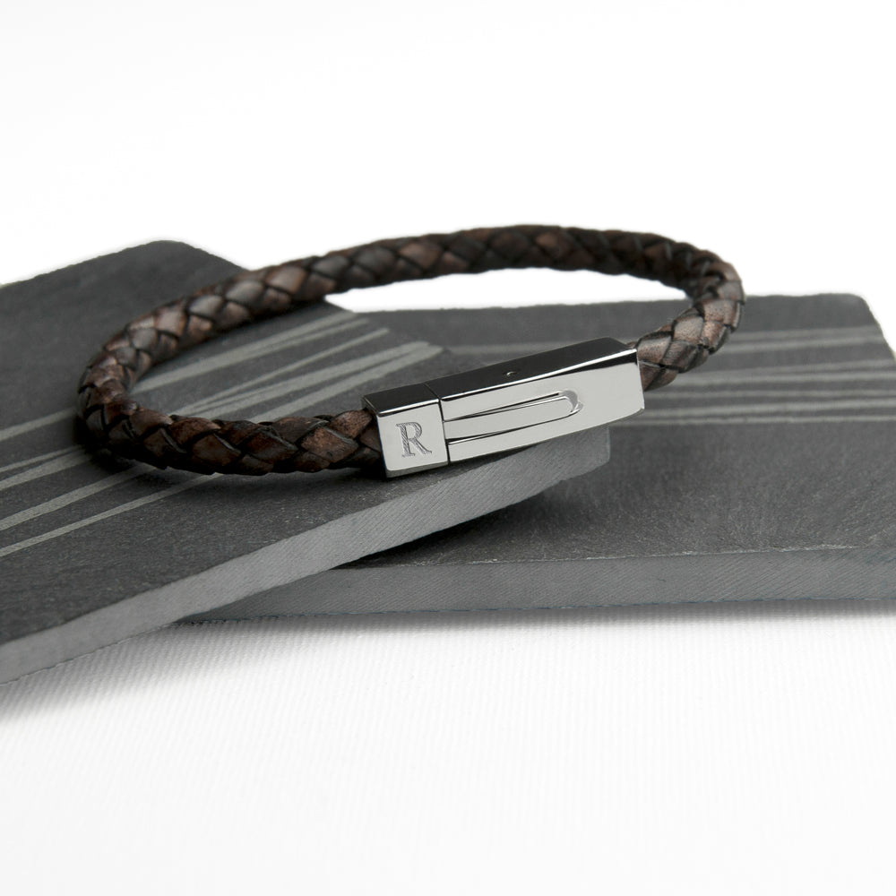 Personalised Men's Leather Bracelet with Tube Clasp