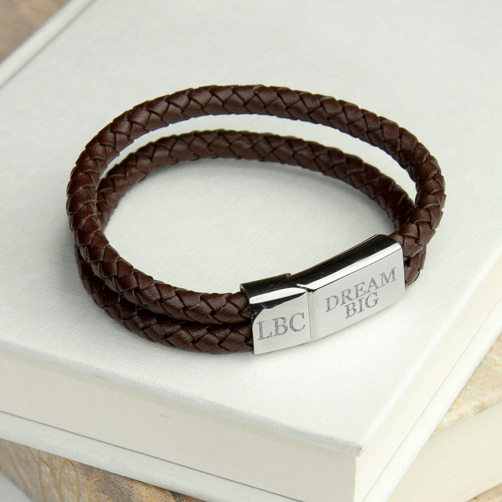 Personalised Men's Dual Leather Woven Bracelet in Umber
