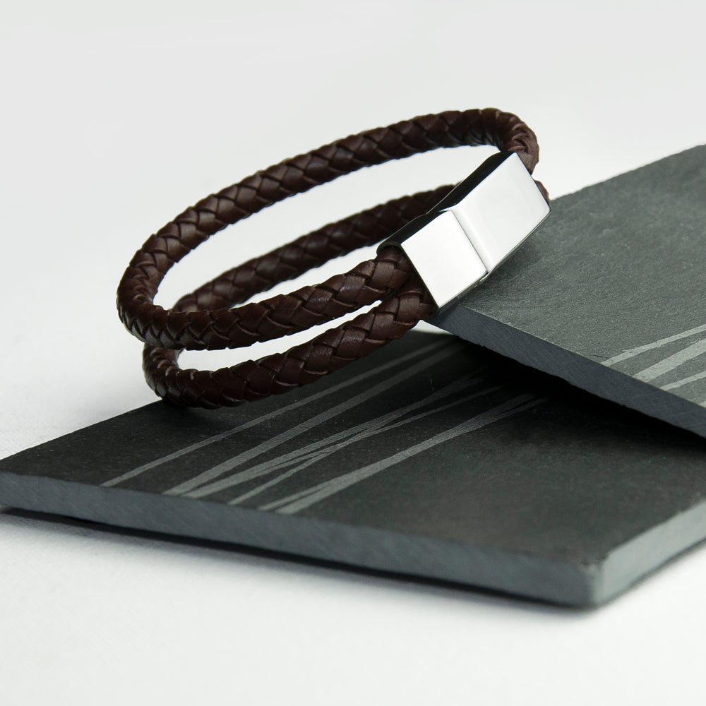 Personalised Men's Dual Leather Woven Bracelet in Umber