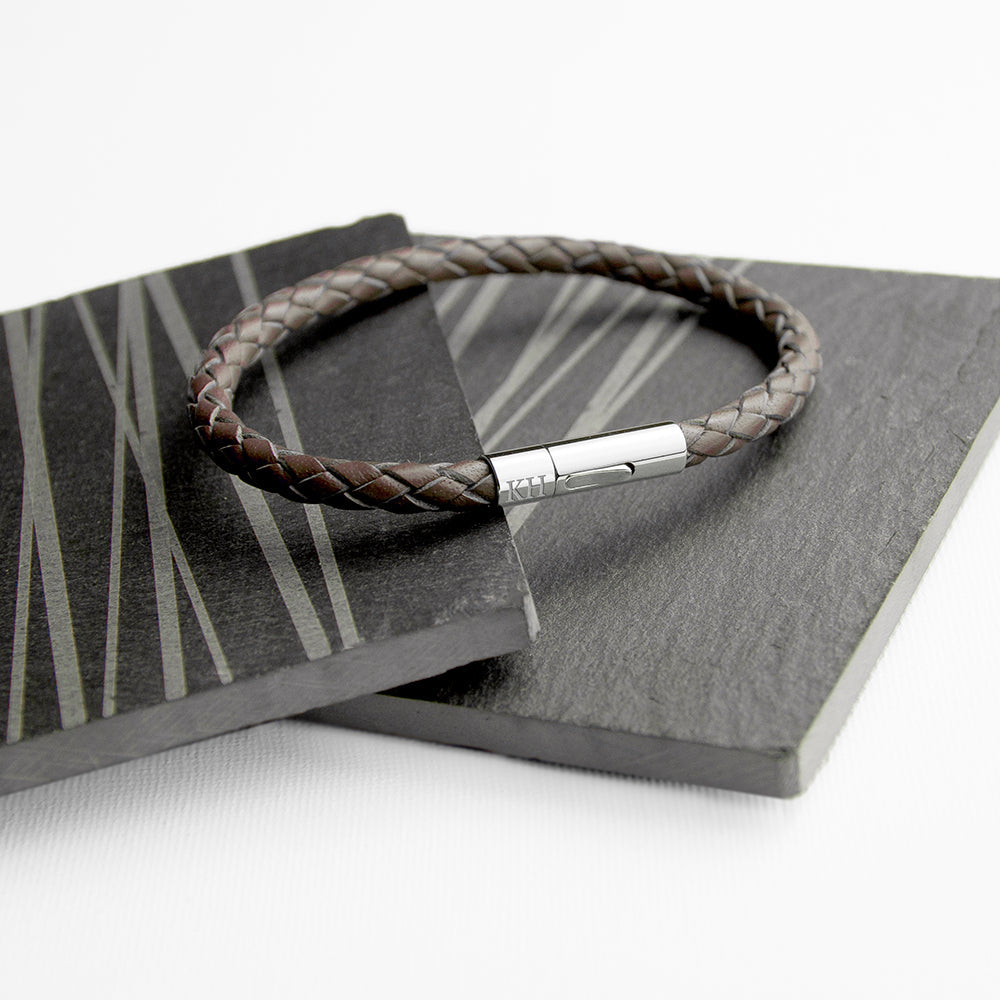 Personalised Men's Cedar Brown Woven Leather Bracelet with Capsule Tube Clasp