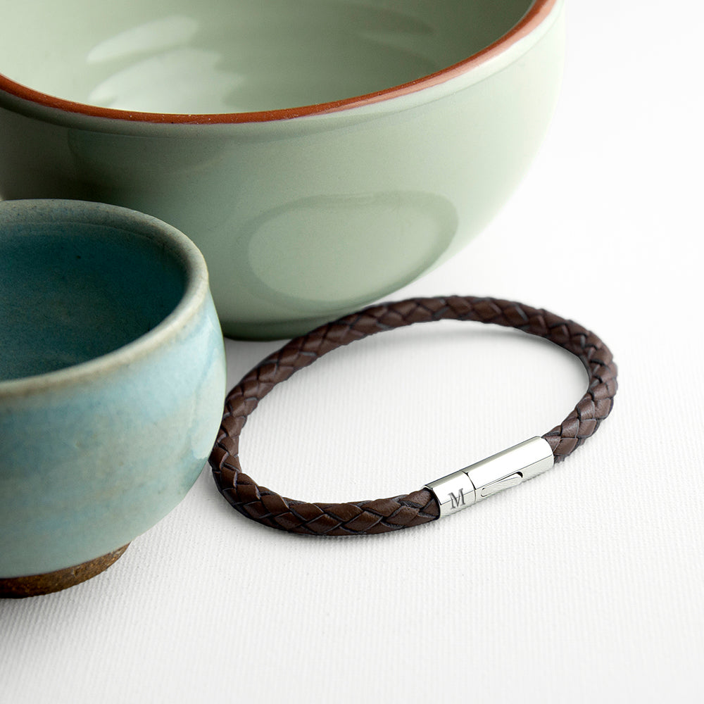 Personalised Men's Cedar Brown Woven Leather Bracelet with Capsule Tube Clasp