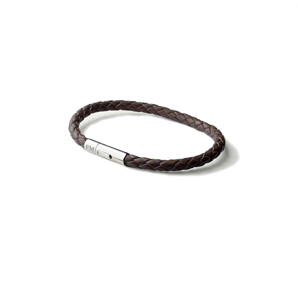 Personalised Men's Cedar Brown Woven Leather Bracelet with Capsule Tube Clasp
