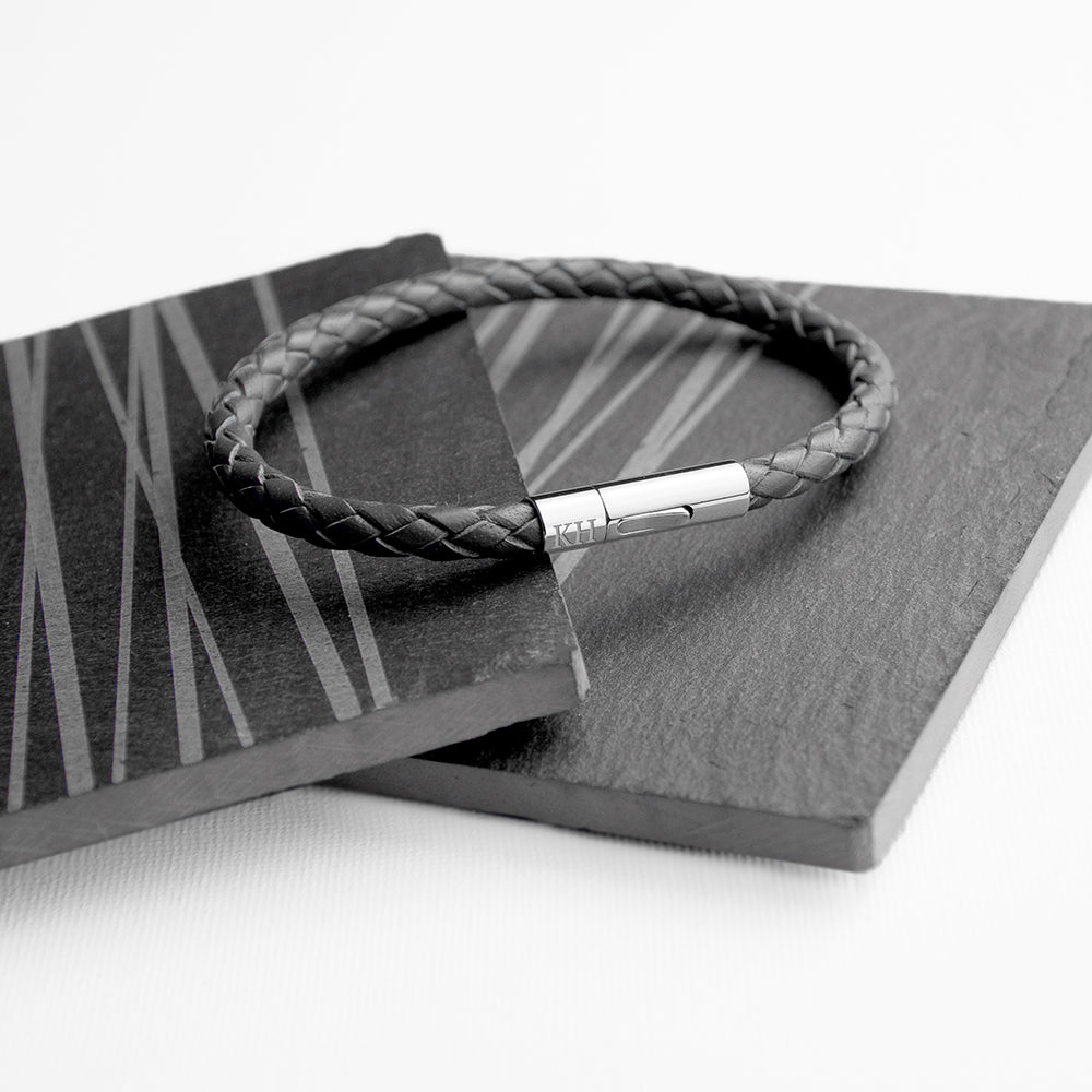 Personalised Men's Black Woven Leather Bracelet with Capsule Tube Clasp