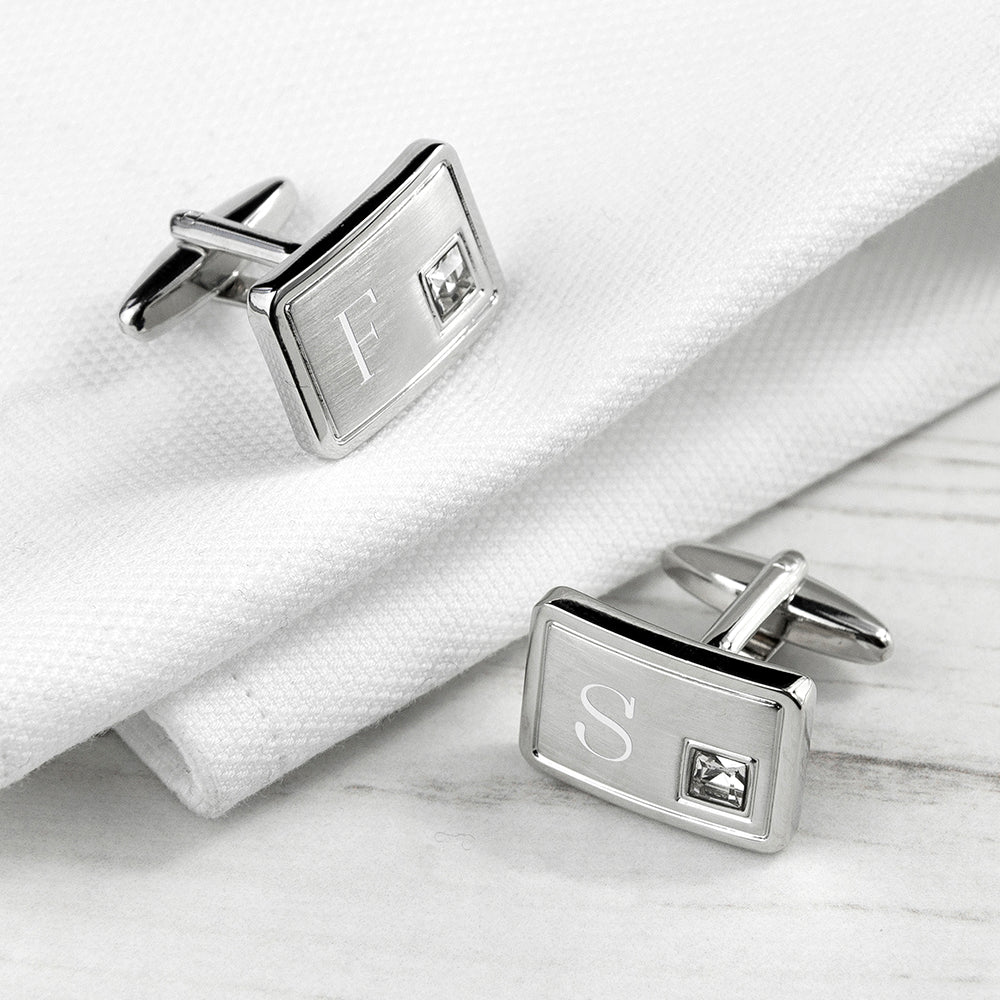 Personalised Brushed Silver Cufflinks with Crystal