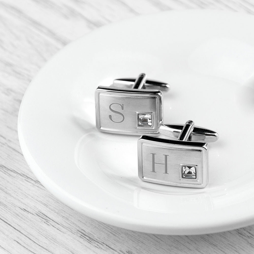 Personalised Brushed Silver Cufflinks with Crystal