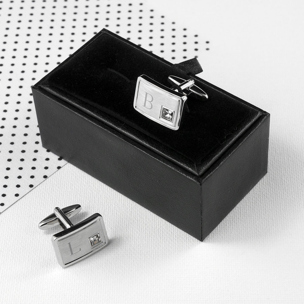 Personalised Brushed Silver Cufflinks with Crystal