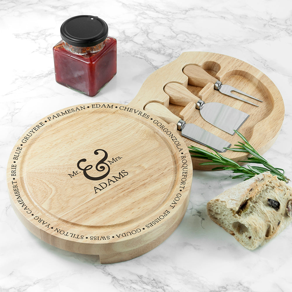Personalised Mr and Mrs Cheese Board Set with Specialist Knives