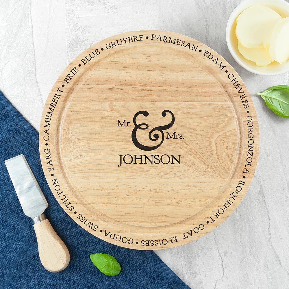 Personalised Mr and Mrs Cheese Board Set with Specialist Knives