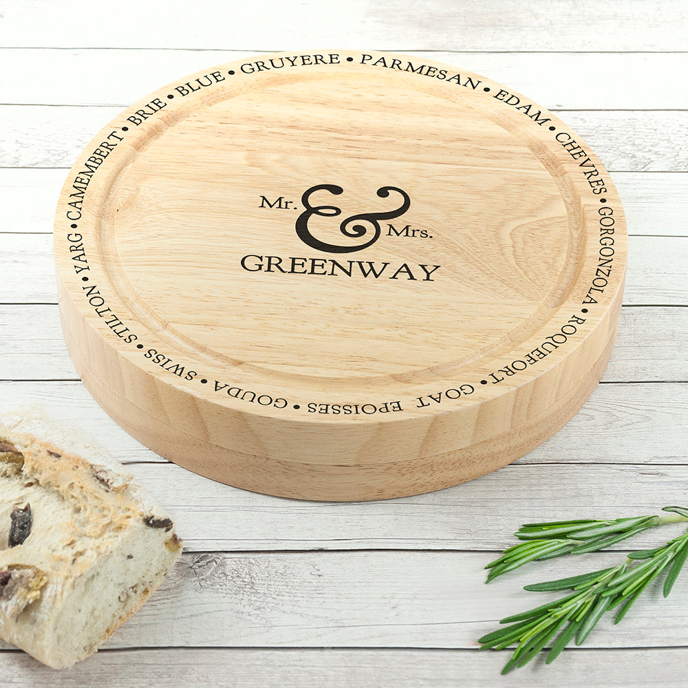Personalised Mr and Mrs Cheese Board Set with Specialist Knives