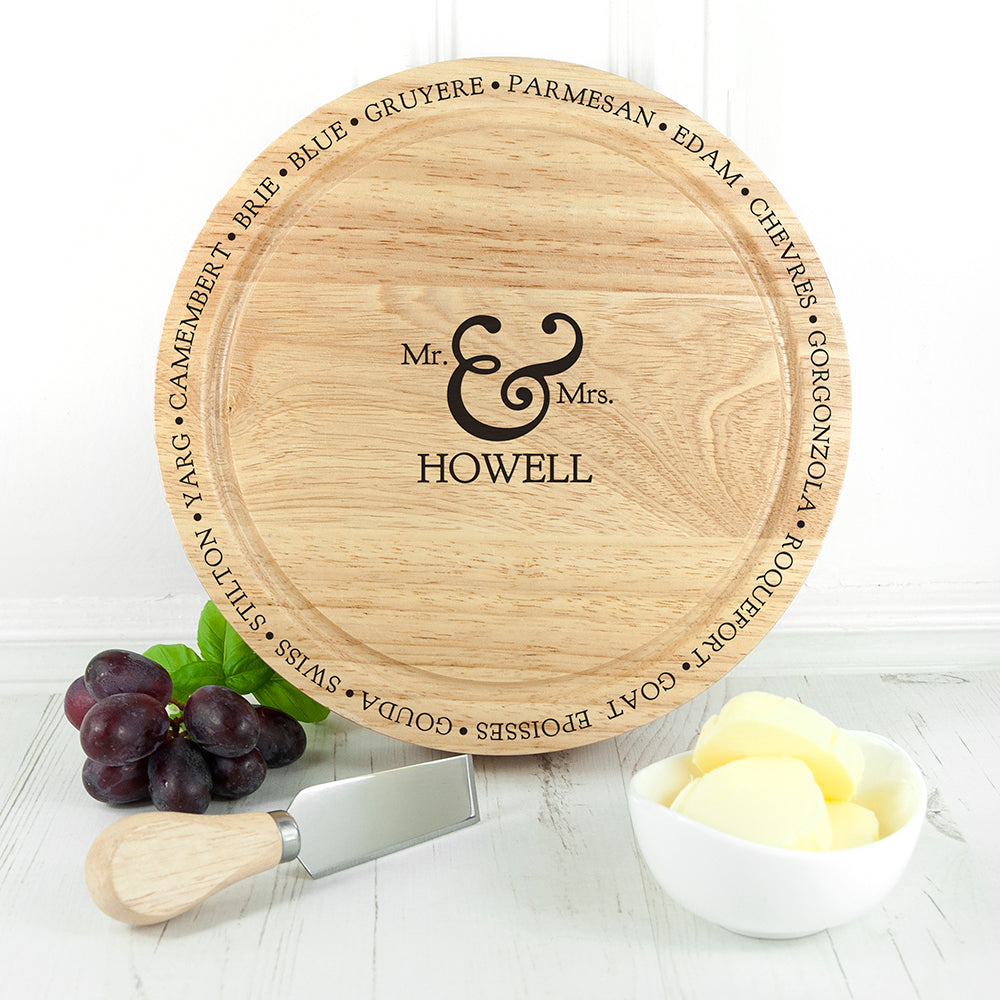 Personalised Mr and Mrs Cheese Board Set with Specialist Knives
