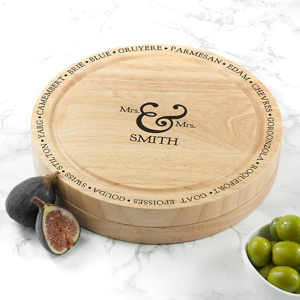 Personalised Mr and Mrs Cheese Board Set with Specialist Knives