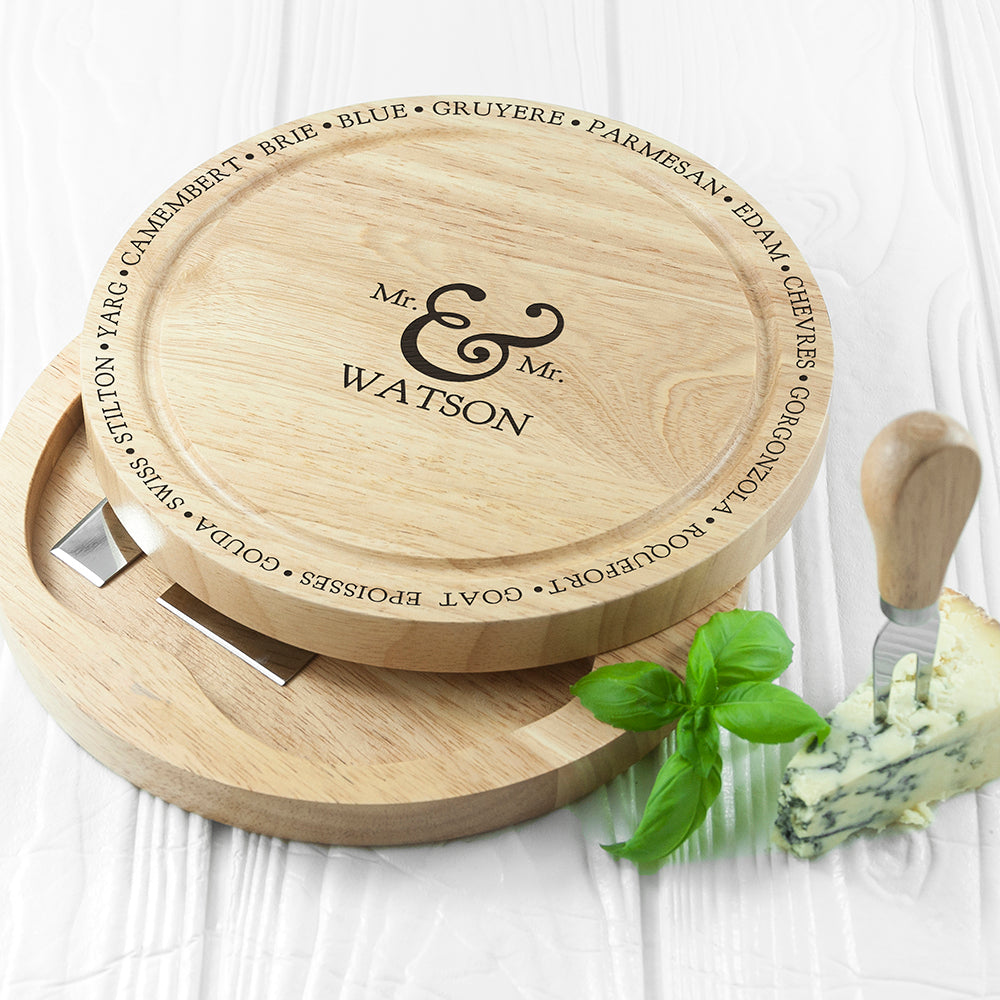 Personalised Mr and Mrs Cheese Board Set with Specialist Knives