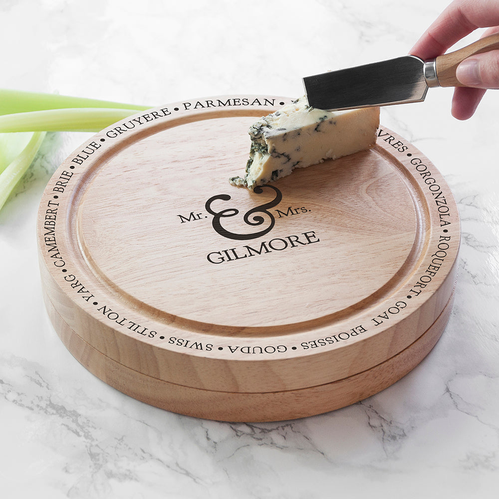 Personalised Mr and Mrs Cheese Board Set with Specialist Knives