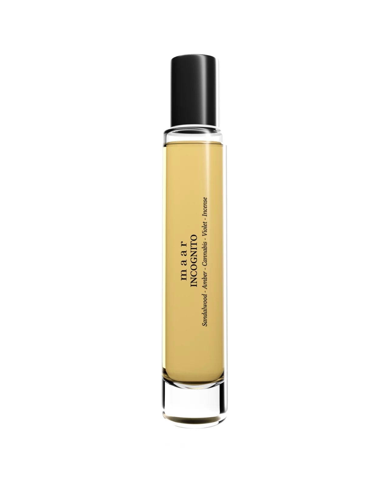 a bold close-up of incognito perfume oil with warm amber light highlighting its roll-on applicator