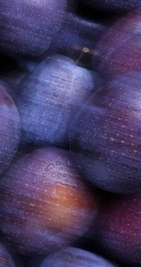 playful close-up of sweet surrender perfume oil bottle with a plum and vanilla glow