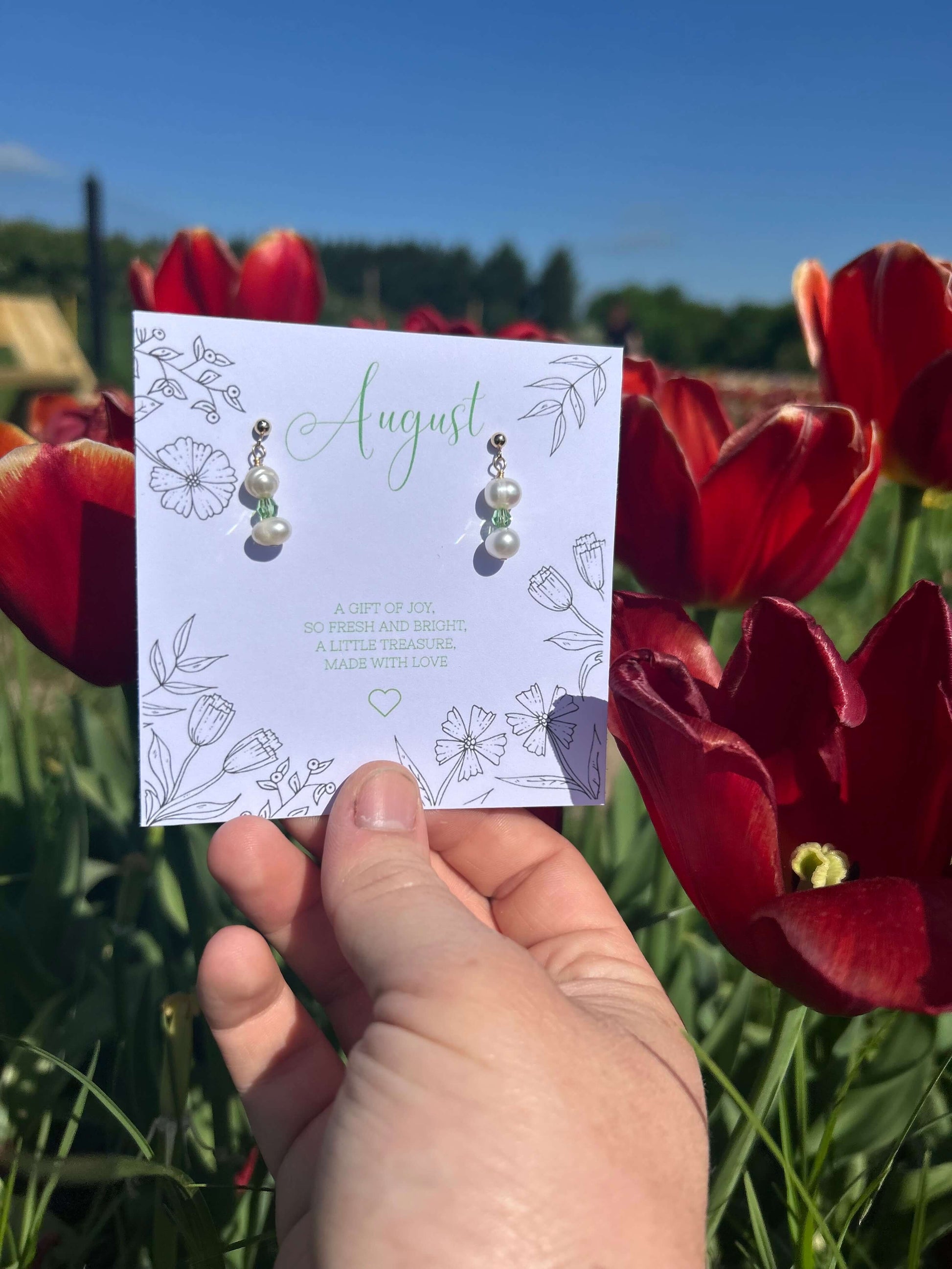 Peridot and Pearl August Birthstone Drop Earrings Handmade
