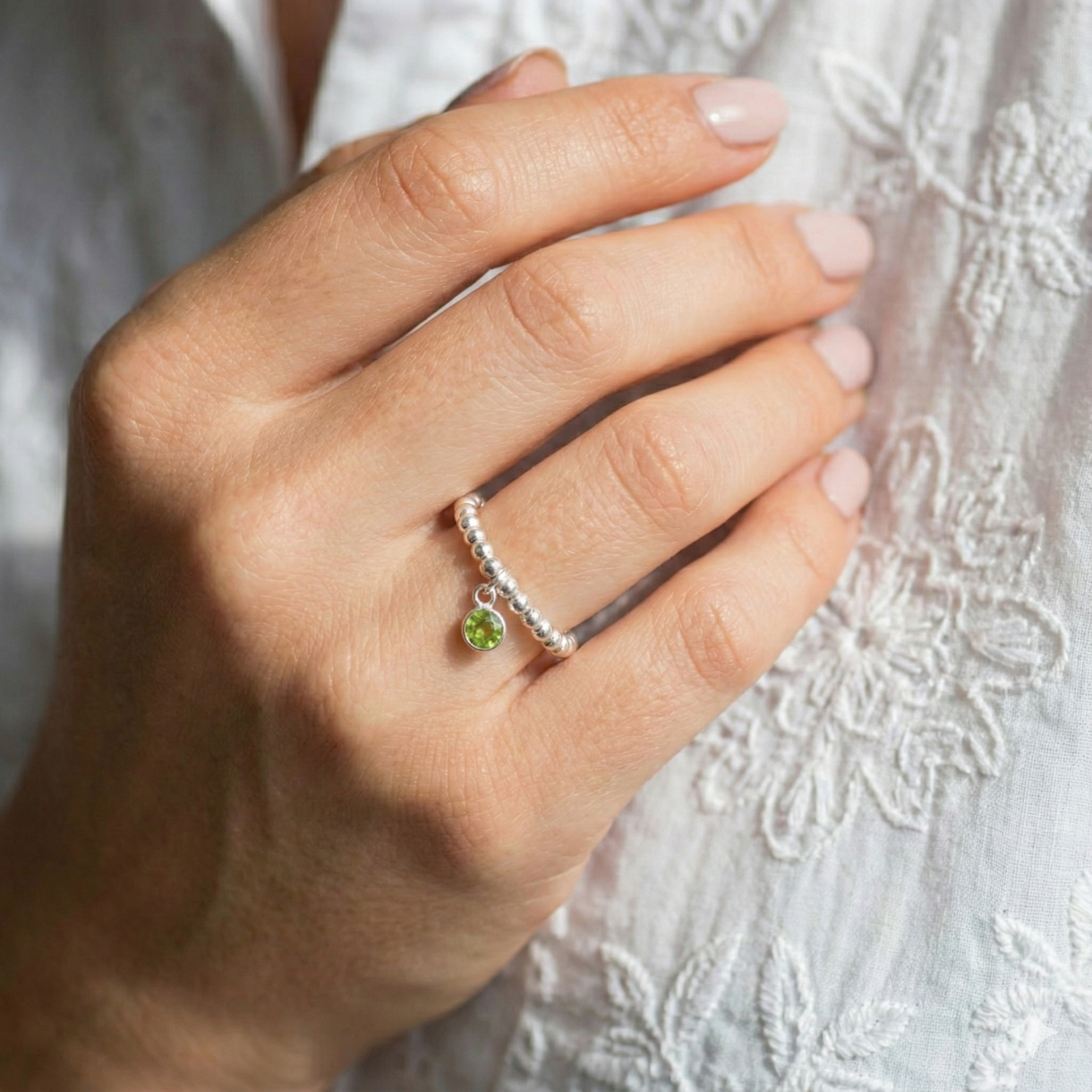 Peridot August Birthstone Charm Ring Stretch Bead Design