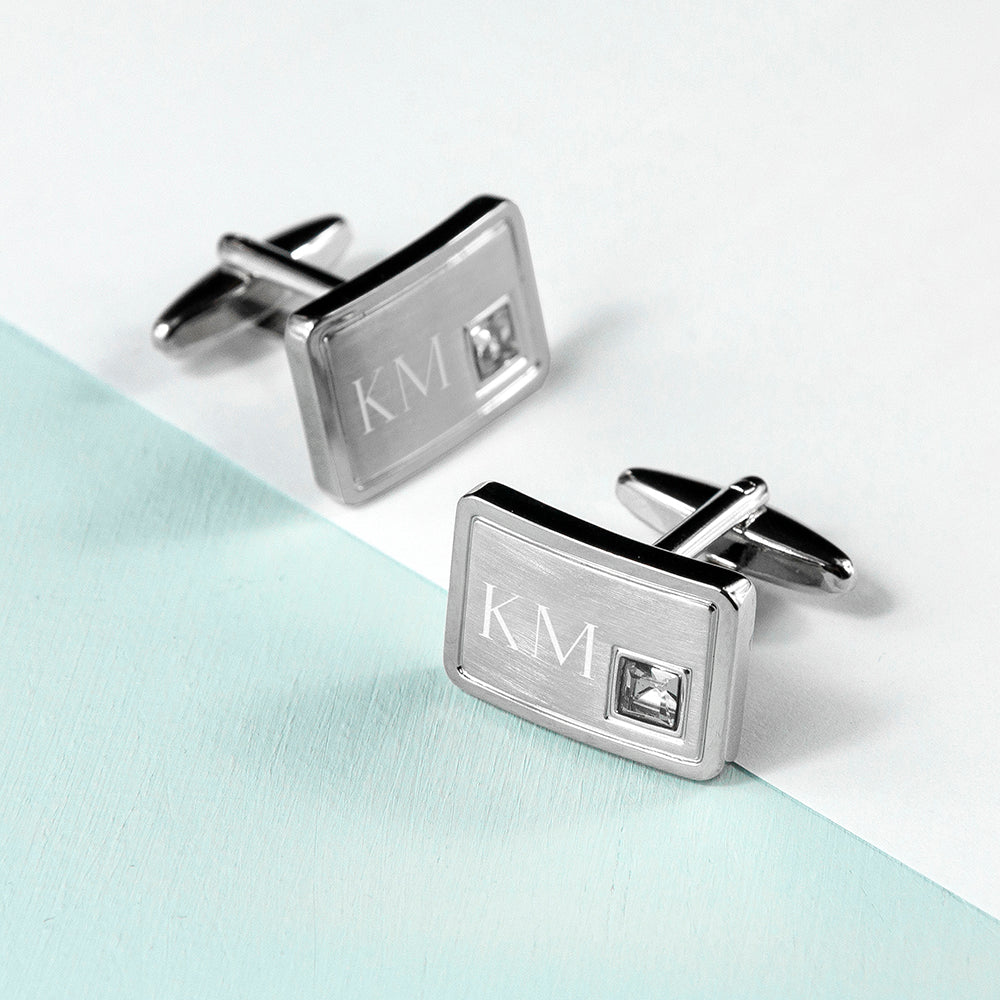 Personalised Brushed Silver Cufflinks with Crystal