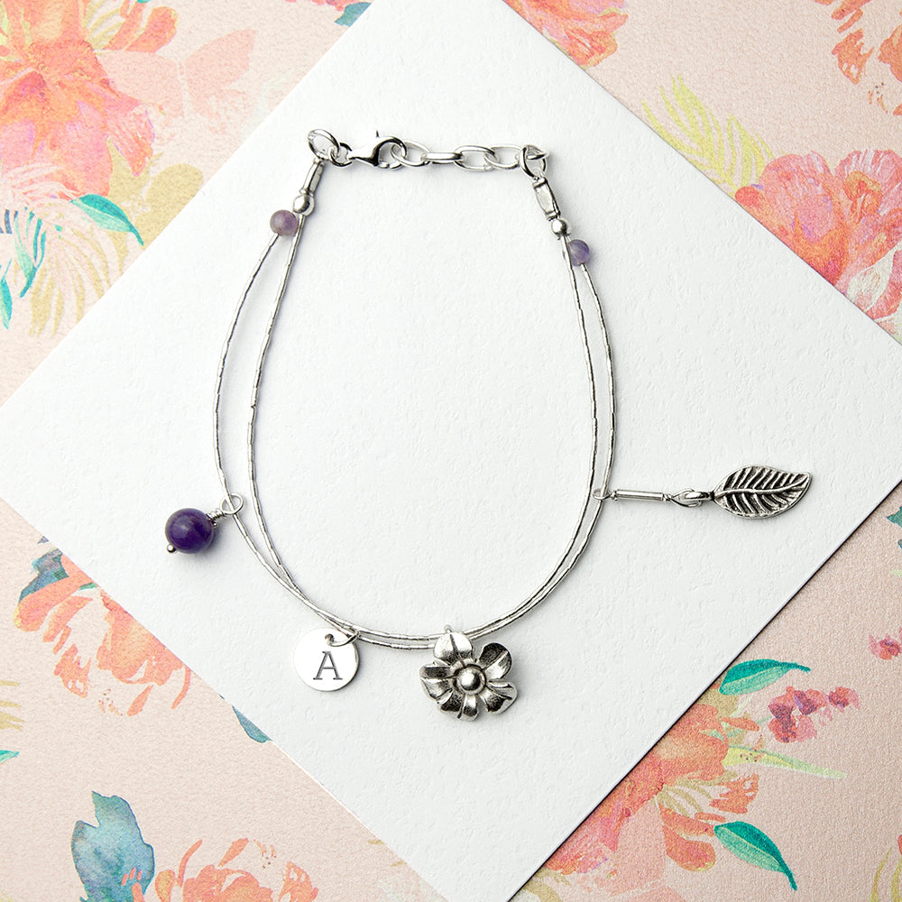 Personalised Sterling Silver Forget Me Not Bracelet with Amethyst